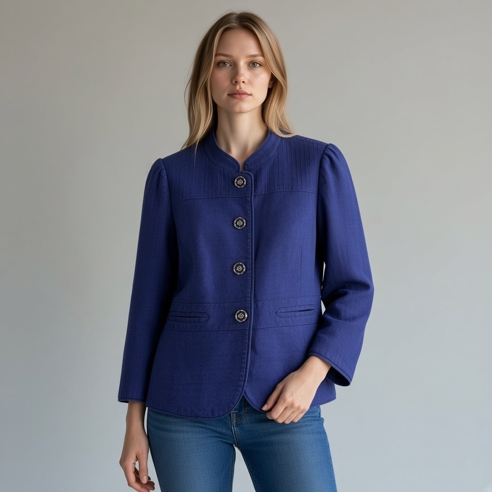 Halogen Blazer L Cobalt Blue VTG Y2K Mandarin Collar Officecore Dark Academia